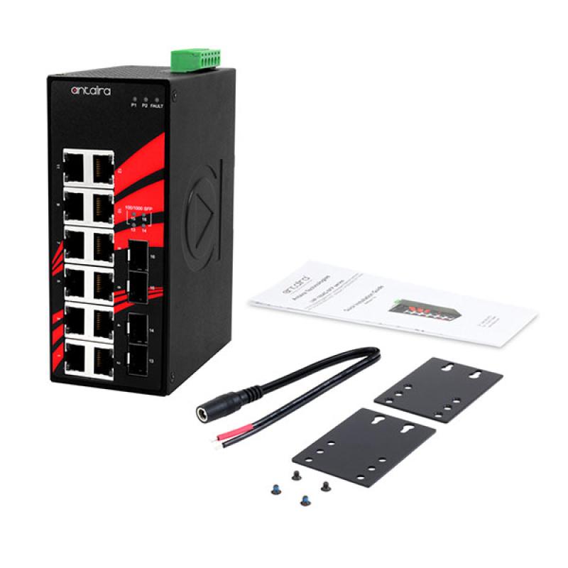 16-Port Unmanaged Industrial Gigabit Switch 12x10/100/1000 + 4xSFP, 12-48VDC , -40 - 75C