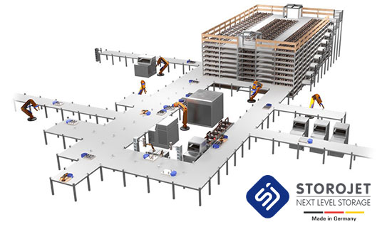 STOROJET Produktionsautomatisierung – Super flexible Mini-FTS-Förderstrecke mit automatischem Lagerkubus